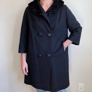 Vintage 80s Womens Fur Collar Black Wool Retro Mid Length Trench Coat Sz L